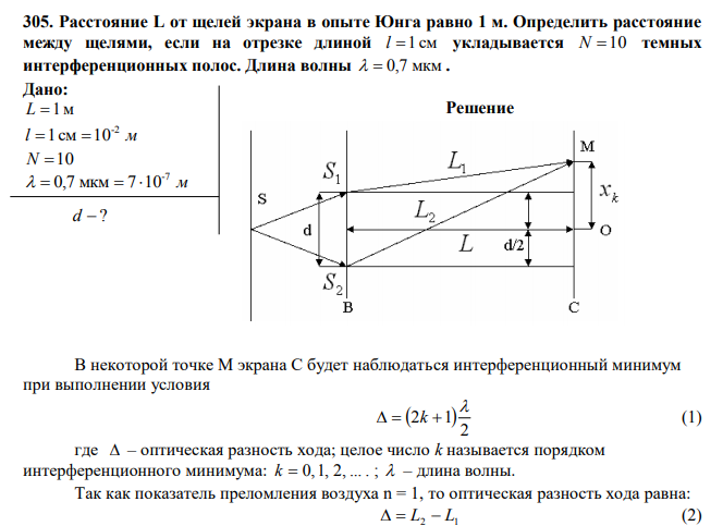 Расстояние L от щелей экрана в опыте Юнга равно 1 м.