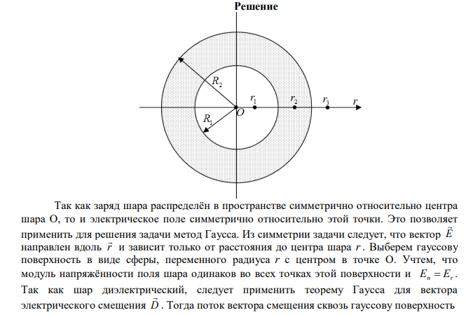 Шаровой слой, равномерно заряженный по объему с постоянной объемной плотностью 3 1 м нКл   , имеет внутренний радиус R1  3 см и внешний R2  5 см . Определить напряженность Е электрического поля в точках, отстоящих от шарового слоя на расстояниях r1  2 см , r2  4 см и r3  6 см . Построить график зависимости напряженности Е от r . 