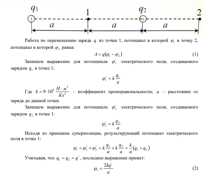 Электрическое поле создано двумя одинаковыми положительными зарядами 1 q и 2 q . Определить работу A сил поля по перемещению заряда q  10 нКл из точки 1 с потенциалом 1  300 В в точку 2. 