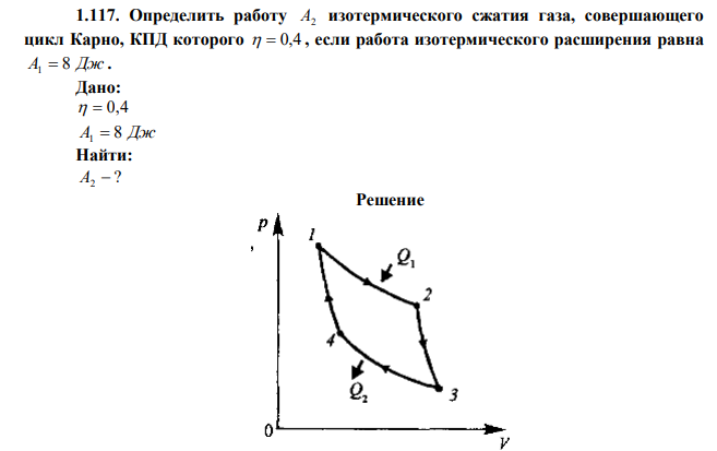 Определить работу A2 изотермического сжатия газа, совершающего цикл Карно, КПД которого   0,4 , если работа изотермического расширения равна A1  8 Дж. 