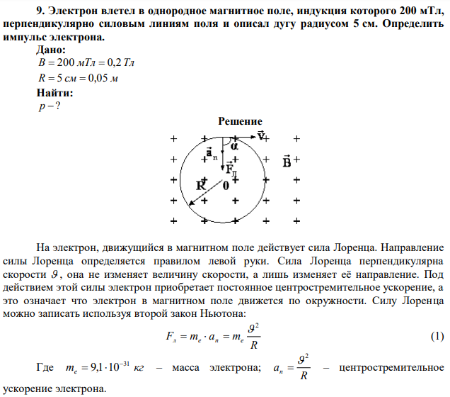 Электрон влетел в однородное магнитное поле, индукция которого 200 мТл, перпендикулярно силовым линиям поля и описал дугу радиусом 5 см. Определить импульс электрона. 