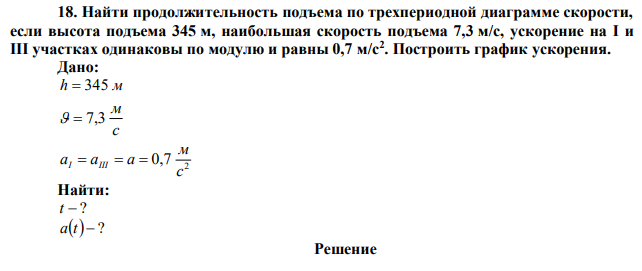 Найти продолжительность подъема по трехпериодной диаграмме скорости, если высота подъема 345 м, наибольшая скорость подъема 7,3 м/с, ускорение на I и III участках одинаковы по модулю и равны 0,7 м/с2 . Построить график ускорения 