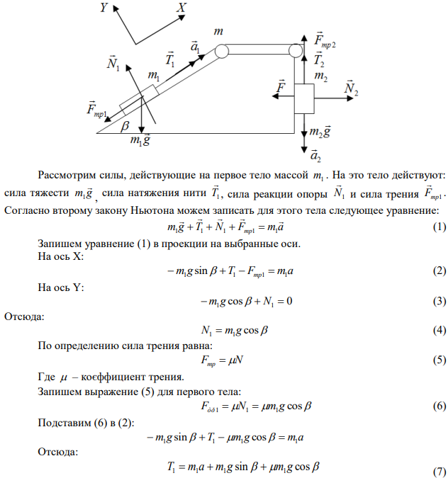 Тела массами m 1 кг 1  и m 3 кг 2  соединены невесомой нитью, переброшенной через блок массой m  2 кг и радиусом r  10 см , лежат на сопряженных наклонных плоскостях с углом наклона 0   30 . Коэффициент трения о плоскости  равен 0,13 . На тело m2 действует горизонтальная сила F равна 10 Н. Найти силы натяжения нитей, ускорение грузов и скорость через 2 с, если начальная скорость тел с м 0,5 . Другой блок считать невесомым. Трением в блоках пренебречь.  