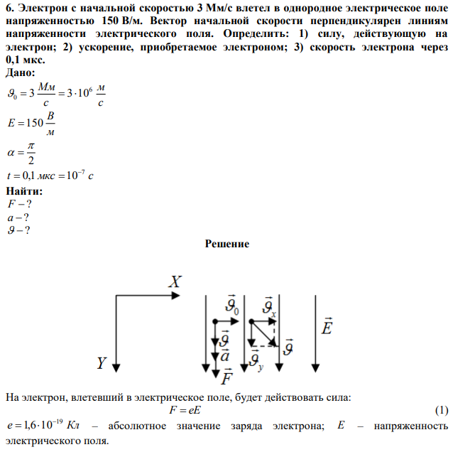 Электрон с начальной скоростью 3 Мм/с влетел в однородное электрическое поле напряженностью 150 В/м. Вектор начальной скорости перпендикулярен линиям напряженности электрического поля. Определить: 1) силу, действующую на электрон; 2) ускорение, приобретаемое электроном; 3) скорость электрона через 0,1 мкс. 