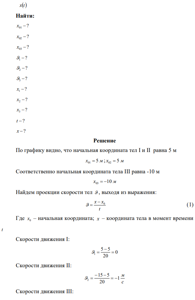 По заданным графикам (рис. 9) найти начальные координаты тел и проекции скорости их движения. Написать уравнения движения тел х = x(t). Из графиков и уравнений найти время и место встречи тел, движения которых описываются графиками II и III. 