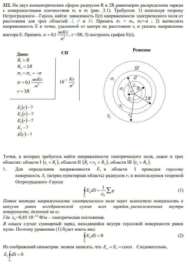 На двух концентрических сферах радиусом R и 2R равномерно распределены заряды с поверхностными плотностями σ1 и σ2 (рис. 3.1). Требуется: 1) используя теорему Остроградского—Гаусса, найти: зависимость E(r) напряженности электрического поля от расстояния для трех областей: /, // и ///. Принять σ1 = σ2, σ2=-σ ; 2) вычислить напряженность Е в точке, удаленной от центра на расстояние r, и указать направление вектора Е. Принять 2 0,1 м мкКл   , r =3R; 3) построить график E(r). 