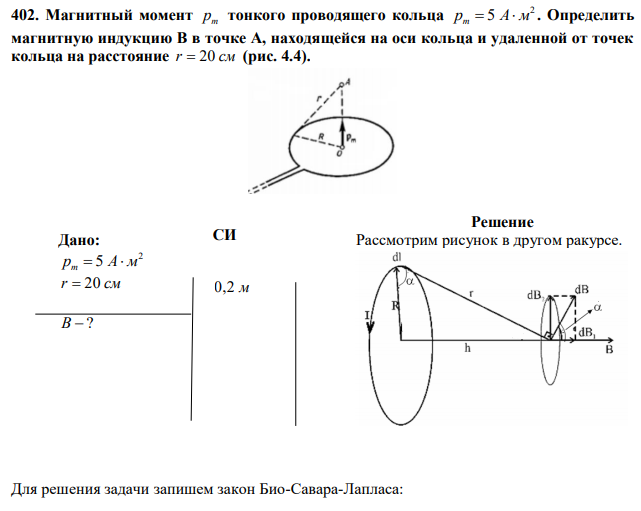 Магнитный момент pm тонкого проводящего кольца 2 pm  5 А м . Определить магнитную индукцию В в точке А, находящейся на оси кольца и удаленной от точек кольца на расстояние r  20 см (рис. 4.4). 