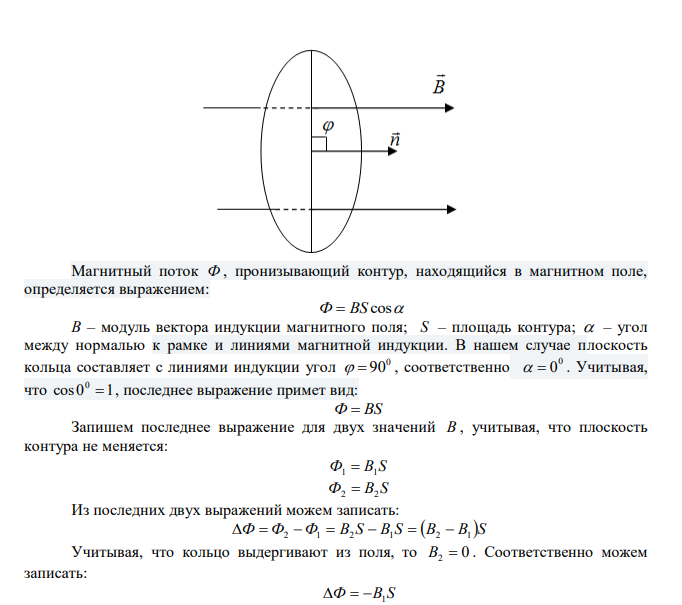 Кольцо из проволоки сопротивлением R 1 мОм находится в однородном магнитном поле ( В  0,4 Тл ). Плоскость кольца составляет с линиями индукции угол 0   90 . Определить заряд Q , который протечет по кольцу, если его выдернуть из поля. Площадь кольца 2 S 10 см . 