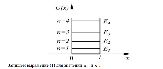 Электрон находится в одномерной потенциальной яме с бесконечно высокими стенками, шириной l м 9 1,4 10   . Определите энергию, излучаемую при переходе электрона с третьего энергетического уровня на второй.