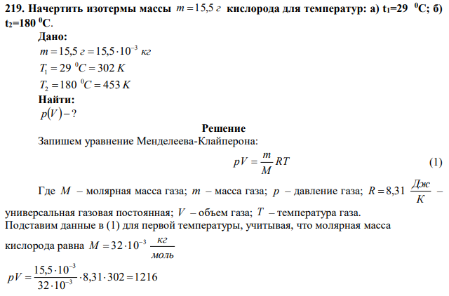 Начертить изотермы массы m 15,5 г кислорода для температур: а) t1=29 0C; б) t2=180 0C. 