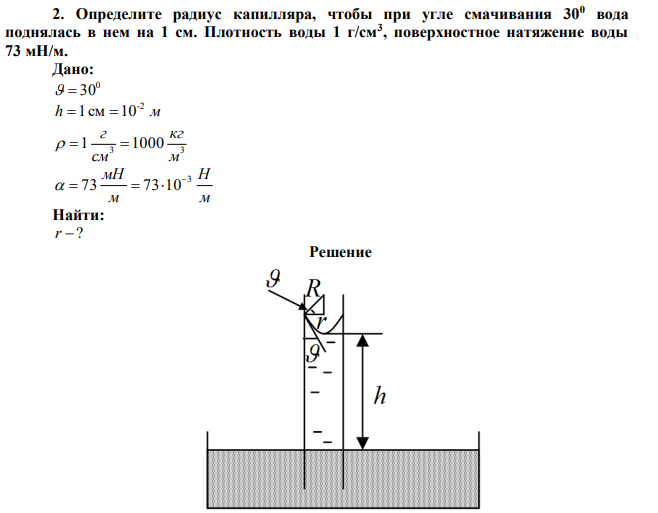 Определите радиус капилляра, чтобы при угле смачивания 300 вода поднялась в нем на 1 см. Плотность воды 1 г/см3 , поверхностное натяжение воды 73 мН/м. 