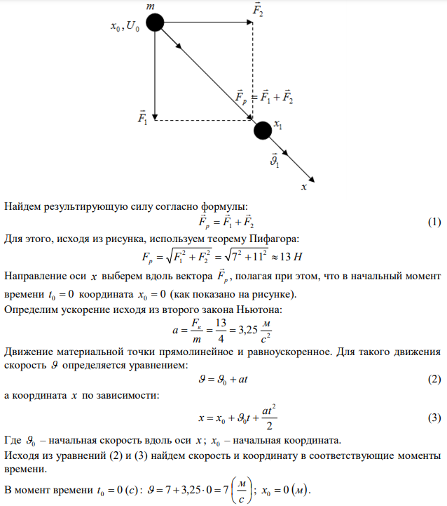 На материальную точку массой m действуют две консервативные силы F1  и F2  . Начальная скорость 0  материальной точки направлена по результующей силе.  