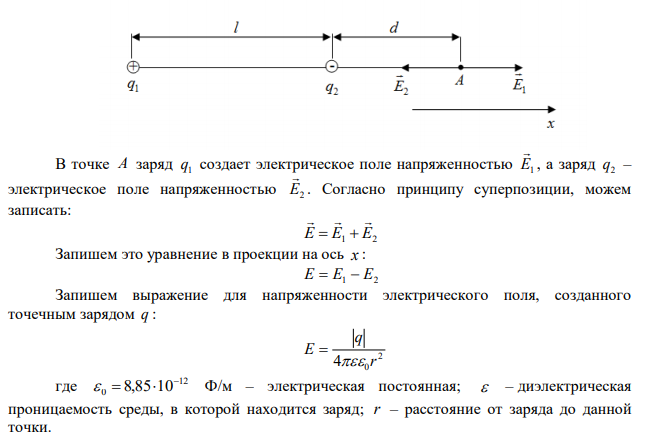 Два точечных заряда величиной +20 нКл и –10 нКл расположены на расстоянии 10 см. Найти расстояние от отрицательного заряда до точки, в которой напряженность электрического поля равна нулю. Точка должна быть расположена на прямой, проходящей через заряды. 