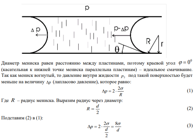 Определить силу F, прижимающую друг к другу две стеклянные пластинки с площадью поверхности 2 S 100 см каждая, расположенные параллельно друг другу, если расстояние l между пластинками равно 20 мкм, а пространство между ними заполнено водой. Считать мениск вогнутым с диаметром d, равным расстоянию l между пластинками. 