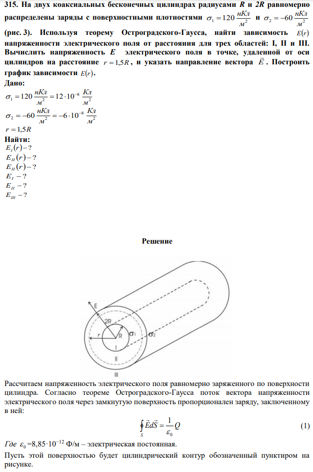 На двух коаксиальных бесконечных цилиндрах радиусами R и 2R равномерно распределены заряды с поверхностными плотностями 1 2 120 м нКл   и 2 2 60 м нКл    (рис. 3). Используя теорему Остроградского-Гаусса, найти зависимость Er напряженности электрического поля от расстояния для трех областей: I, II и III. Вычислить напряженность E электрического поля в точке, удаленной от оси цилиндров на расстояние r  1,5R , и указать направление вектора E  . Построить график зависимости Er. 