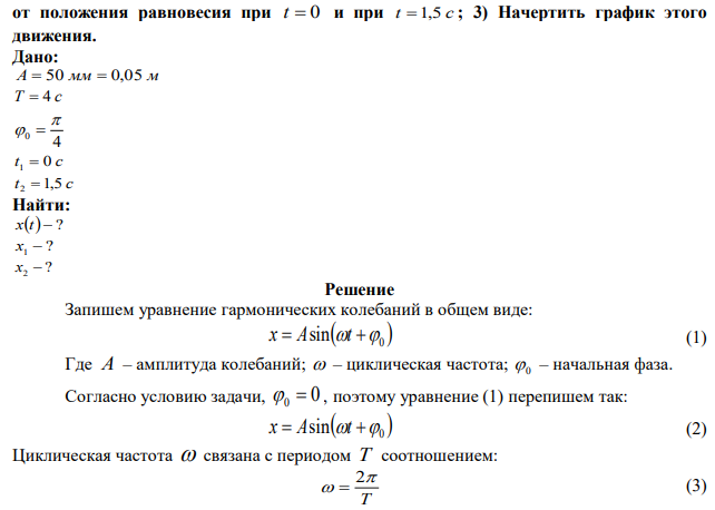 Амплитуда гармонических колебаний равна 50 мм, период 4 сек и начальная фаза 4  . 1) Написать уравнение этого колебания; 2) Найти смещение колеблющейся точки  от положения равновесия при t  0 и при t  1,5 c ; 3) Начертить график этого движения. 