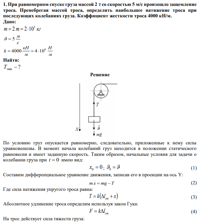 При равномерном спуске груза массой 2 Т со скоростью 5 м/с произошло защемление троса. Пренебрегая массой троса, определить наибольшее натяжение троса при последующих колебаниях груза. Коэффициент жесткости троса 4000 кН/м. 