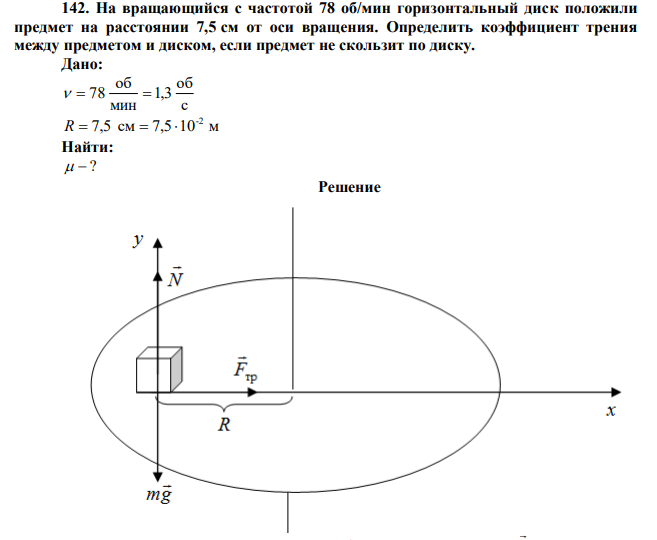 На вращающийся с частотой 78 об/мин горизонтальный диск положили предмет на расстоянии 7,5 см от оси вращения. Определить коэффициент трения между предметом и диском, если предмет не скользит по диску. 