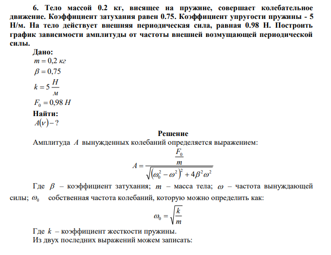 Тело массой 0.2 кг, висящее на пружине, совершает колебательное движение. Коэффициент затухания равен 0.75. Коэффициент упругости пружины - 5 Н/м. На тело действует внешняя периодическая сила, равная 0.98 Н. Построить график зависимости амплитуды от частоты внешней возмущающей периодической силы. 