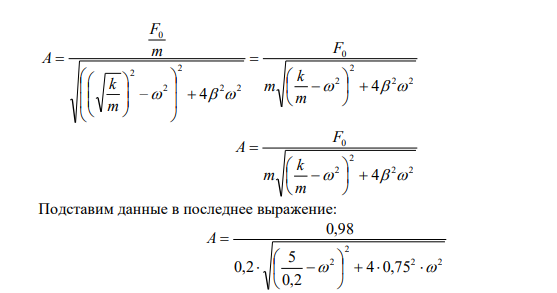 Тело массой 0.2 кг, висящее на пружине, совершает колебательное движение. Коэффициент затухания равен 0.75. Коэффициент упругости пружины - 5 Н/м. На тело действует внешняя периодическая сила, равная 0.98 Н. Построить график зависимости амплитуды от частоты внешней возмущающей периодической силы. 