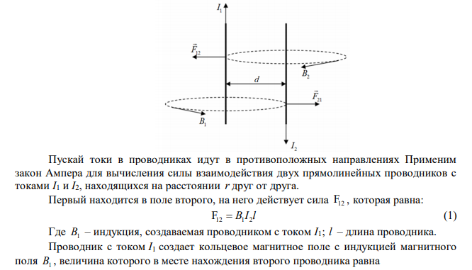 Двухпроводная линия состоит из длинных параллельных прямых проводов, находящихся на расстоянии d  4 мм друг от друга. По проводам текут одинаковые токи I  50 А . Определить силу взаимодействия токов, приходящеюся на единицу длины провода. 
