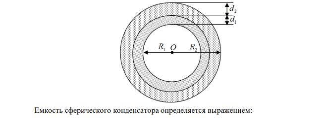 Найти емкость C сферического конденсатора с радиусами обкладок R1  2,0 см и R2  2,6 см , между сферическими обкладками которого находятся два концентрических слоя диэлектрика, толщины и диэлектрические проницаемости которых равны соответственно d1  0,2 см , d2  0,4 см ,  1  7 , 2  2  .  