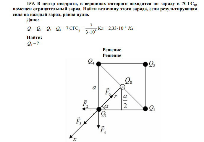  В центр квадрата, в вершинах которого находится по заряду в 7СГСq, помещен отрицательный заряд. Найти величину этого заряда, если результирующая сила на каждый заряд, равна нулю. 