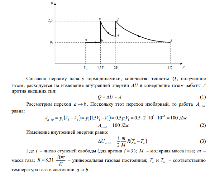 Идеальный газ переходит из состояния 1 в состояние 2 по пути a - b - c - d - f - k . Постройте график перехода в координатах p -V .  