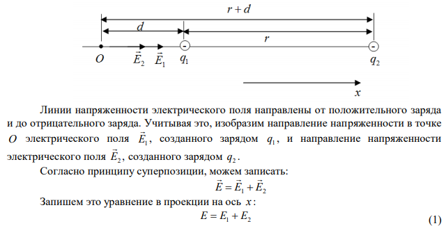 Точечные заряды (20 мкКл) и (-20 мкКл) находятся на расстоянии 6 см друг от друга. Определить напряженность поля в точке, удаленной на 3 см от первого на линии, соединяющей эти заряды. Сопроводить решение чертежом. 