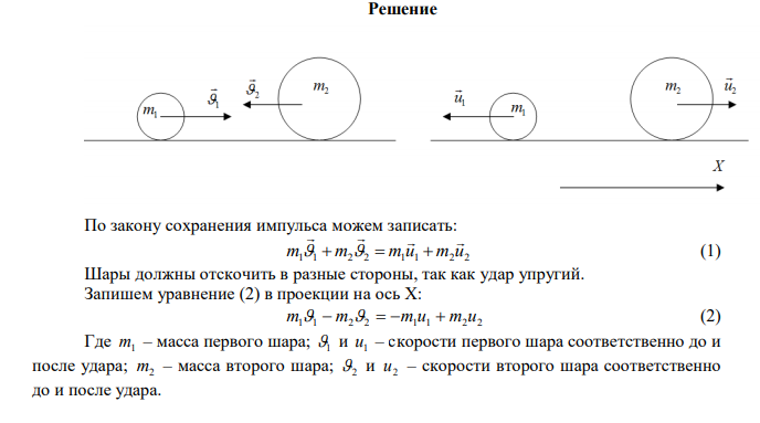 Шар массой m1 = 1 кг движется со скоростью υ1 = 4 м/с и сталкивается с шаром массой m2 = 2 кг , движущимся навстречу ему со скоростью υ2 = 3 м/с. Каковы скорости u1 и u2 шаров после удара? Удар считать абсолютно упругим, прямым, центральным. 