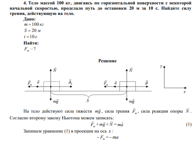 Тело массой 100 кг, двигаясь по горизонтальной поверхности с некоторой начальной скоростью, проделало путь до остановки 20 м за 10 с. Найдите силу трения, действующую на тело. 