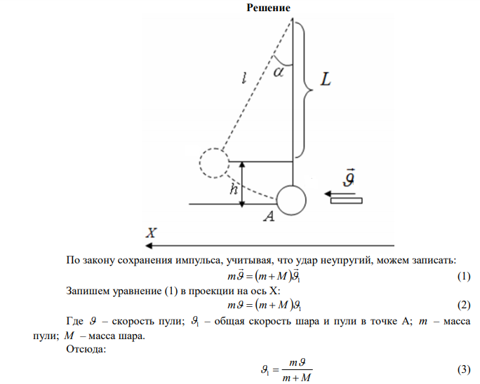 Пуля массой m = 10 г, летавшая горизонтально со скоростью 600 м/с, попала в шар, подвешенный на нити, массой М = 5 кг и застряла в нем. На какую высоту h, откачнувшись после удара, поднялся шар? 