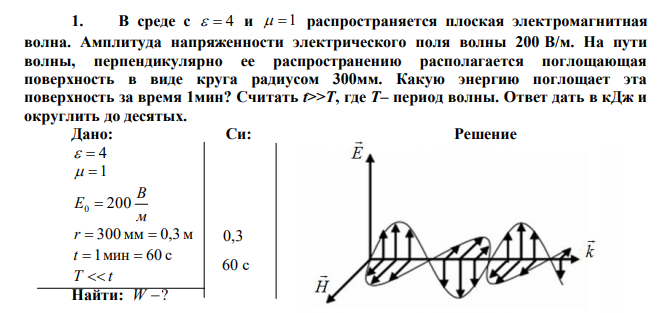 В среде с   4 и   1 распространяется плоская электромагнитная волна. Амплитуда напряженности электрического поля волны 200 В/м. На пути волны, перпендикулярно ее распространению располагается поглощающая поверхность в виде круга радиусом 300мм. Какую энергию поглощает эта поверхность за время 1мин? Считать t>>T, где T– период волны. Ответ дать в кДж и округлить до десятых. 