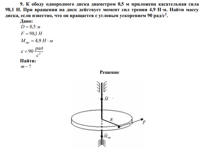 К ободу однородного диска диаметром 0,5 м приложена касательная сила 98,1 Н. При вращении на диск действует момент сил трения 4,9 Н·м. Найти массу диска, если известно, что он вращается с угловым ускорением 90 рад/с2 