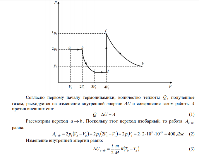 Идеальный газ переходит из состояния 1 в состояние 2 по пути a  b  c  d  f  k . Постройте график перехода в координатах p V . Найдите работу, совершаемую газом, изменение его внутренней энергии и количество теплоты, подведенное к газу. Определите параметры газа в конечном состоянии. 