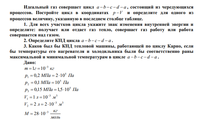 Идеальный газ совершает цикл a b  c  d  a , состоящий из чередующихся процессов. Постройте цикл в координатах p V и определите для одного из процессов величину, указанную в последнем столбце таблице. 1. Для всех участков цикла укажите знак изменения внутренней энергии и определите: получает или отдает газ тепло, совершает газ работу или работа совершается над газом. 2. Определите КПД цикла a b  c  d  a . 3. Каков был бы КПД тепловой машины, работающей по циклу Карно, если бы температуры его нагревателя и холодильника были бы соответственно раны максимальной и минимальной температурам в цикле a b  c  d  a . 