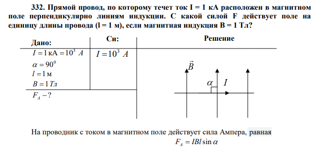 Прямой провод, по которому течет ток I = 1 кA расположен в магнитном поле перпендикулярно линиям индукции. С какой силой F действует поле на единицу длины провода (l = 1 м), если магнитная индукция В = 1 Тл? 