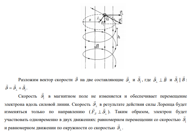 Электрон движется в однородном магнитном поле с магнитной индукцией В=4 мТл по винтовой линии. Определить скорость электрона, если шаг винтовой линии h =10 см, а радиус R = 5см. 