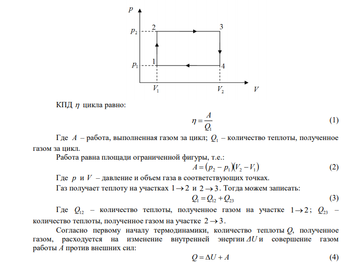 2-х атомный газ совершает цикл, состоящий из двух изобар и двух изохор. Наименьший объем 10 л, наибольший 20 л, наименьшее давление 246 кПа, наибольшее 410 кПа. Определить КПД цикла. 