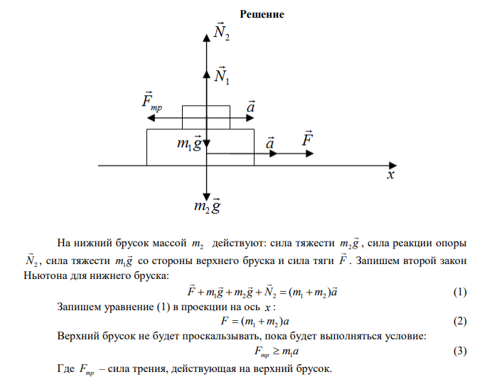 Брусок массой 5 кг может свободно скользить по горизонтальной поверхности без трения. На нём находится другой брусок массой 1 кг. Коэффициент  трения соприкасающихся поверхностей брусков 0,3. Определить максимальное значение силы, приложенной к нижнему бруску, при которой начинается соскальзывание верхнего бруска. 
