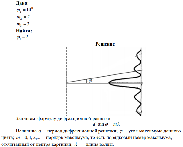 Дифракционная решетка освещена нормально падающим монохроматическим светом. Максимум второго порядка отклонен на угол 14 . Определить угол отклонения максимума третьего порядка. 
