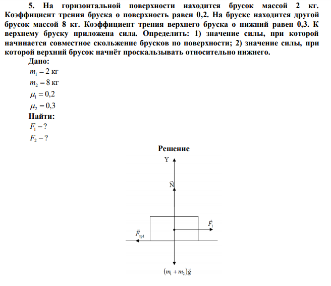 На горизонтальной поверхности находится брусок массой 2 кг. Коэффициент трения бруска о поверхность равен 0,2. На бруске находится другой брусок массой 8 кг. Коэффициент трения верхнего бруска о нижний равен 0,3. К верхнему бруску приложена сила. Определить: 1) значение силы, при которой начинается совместное скольжение брусков по поверхности; 2) значение силы, при которой верхний брусок начнёт проскальзывать относительно нижнего. 