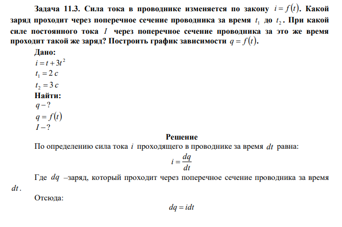  Сила тока в проводнике изменяется по закону i  f t . Какой заряд проходит через поперечное сечение проводника за время 1 t до 2 t . При какой силе постоянного тока I через поперечное сечение проводника за это же время проходит такой же заряд? Построить график зависимости q  f t. 