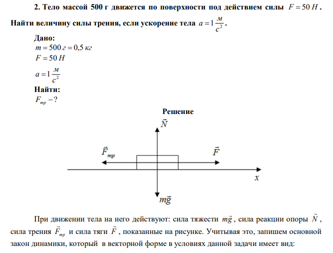 Тело массой 500 г движется по поверхности под действием силы F  50 Н . Найти величину силы трения, если ускорение тела 2 1 с м а  . 