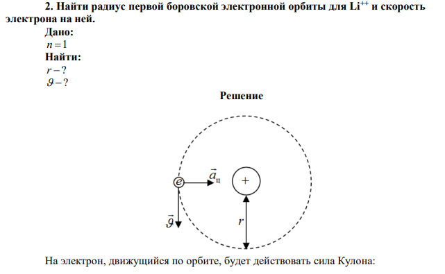 Найти радиус первой боровской электронной орбиты для Li++ и скорость электрона на ней. 