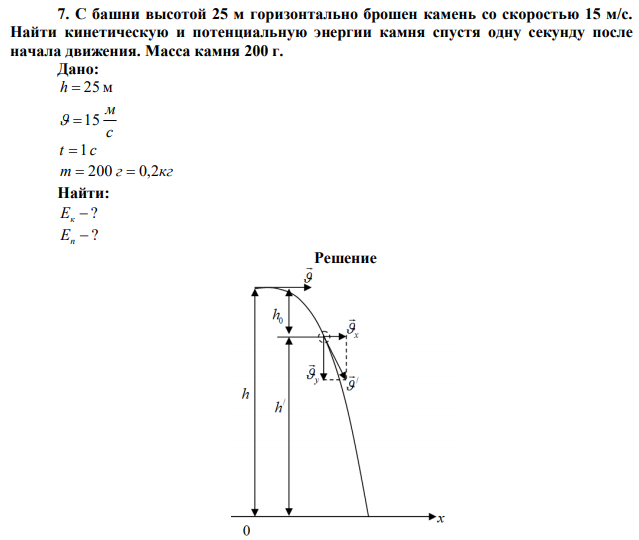  С башни высотой 25 м горизонтально брошен камень со скоростью 15 м/с. Найти кинетическую и потенциальную энергии камня спустя одну секунду после начала движения. Масса камня 200 г. 