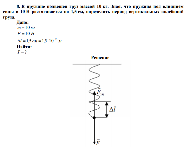  К пружине подвешен груз массой 10 кг. Зная, что пружина под влиянием силы в 10 Н растягивается на 1,5 см, определить период вертикальных колебаний груза. 