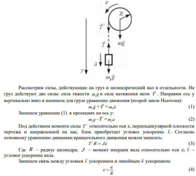 На вал массой 10кг намотана нить, к концу которой привязан груз массой 2кг. Определить ускорение груза, опускающегося под действием силы тяжести. Трения нет. 