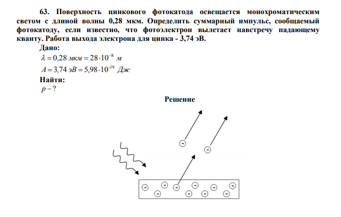 Поверхность цинкового фотокатода освещается монохроматическим
светом с длиной волны 0,28 мкм. Определить суммарный импульс, сообщаемый
фотокатоду, если известно, что фотоэлектрон вылетает навстречу падающему
кванту. Работа выхода электрона для цинка - 3,74 эВ.
Дано:
мкм м
8
0,28 28 10
   
A  3,74 эВ  5,9810-19 Дж
Найти:
p  ?
