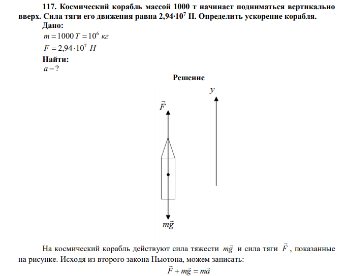  Космический корабль массой 1000 т начинает подниматься вертикально вверх. Сила тяги его движения равна 2,94∙107 Н. Определить ускорение корабля. 